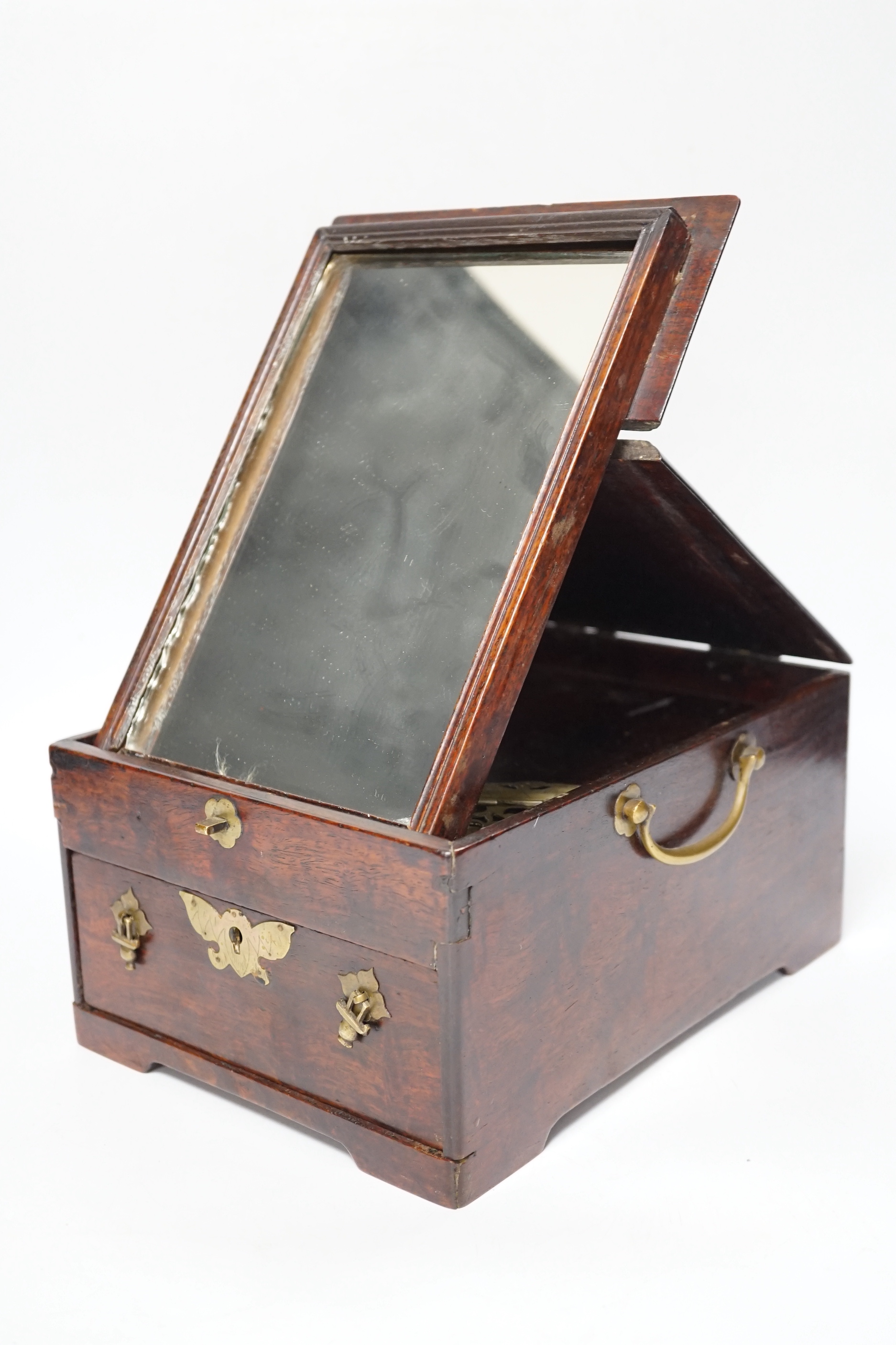 A Chinese brass mounted two-handled hardwood dressing table box. 24 x 18 x 12cm